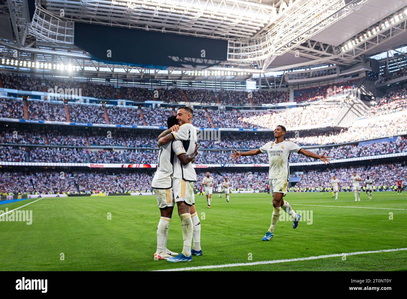 Jose Luis Sanmartin Mato (Joselu) (Real Madrid) (C), Vinicius Junior (L) and Jude Bellingham (R) celebrate after scoring a goal during the LALIGA EA SPORTS between Real Madrid and Osasuna at Santiago Bernabéu Stadium. Final score; Real Madrid 4:0 Osasuna. Stock Photo