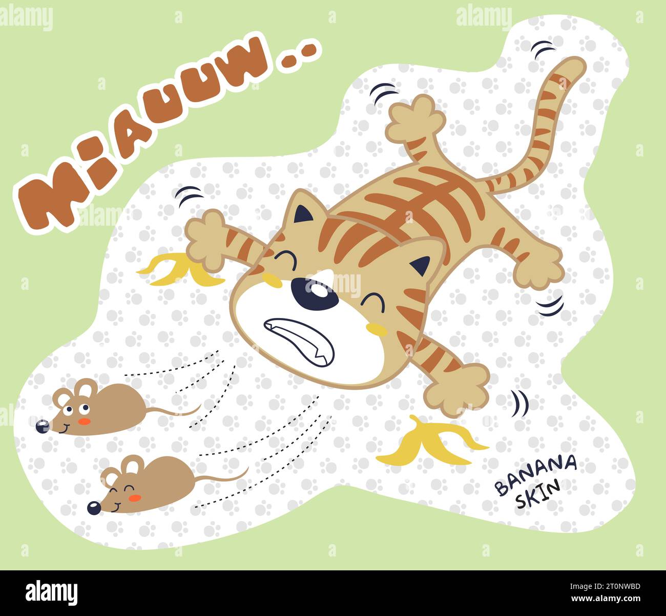 A funny cat chasing rats then fall down by banana peel, vector cartoon illustration Stock Vector