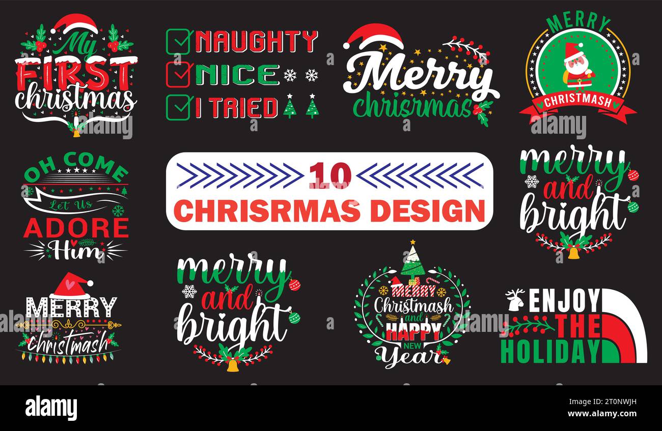 10 Christmas T-Shirt Design Bundle Stock Vector