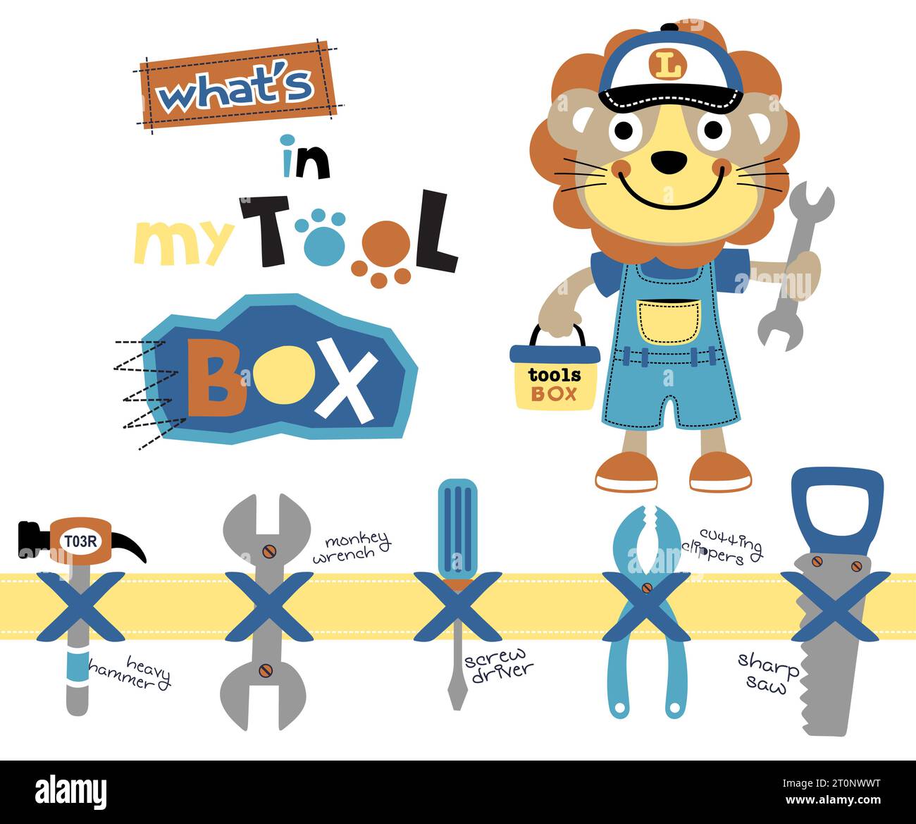 Cute lion in mechanic costume with work tools, vector cartoon illustration Stock Vector