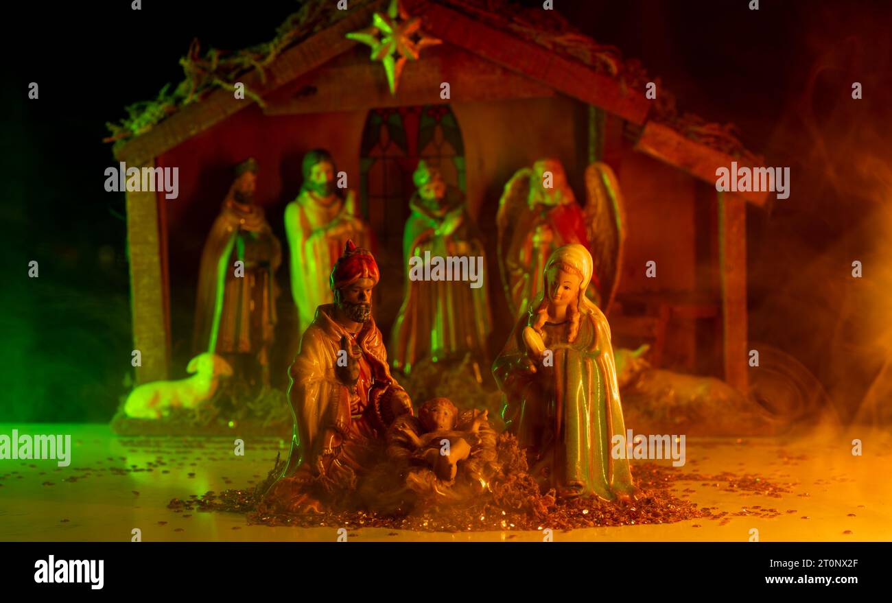 Traditional Christmas scene birth of Jesus. Birth of Jesus in Bethlehem ...