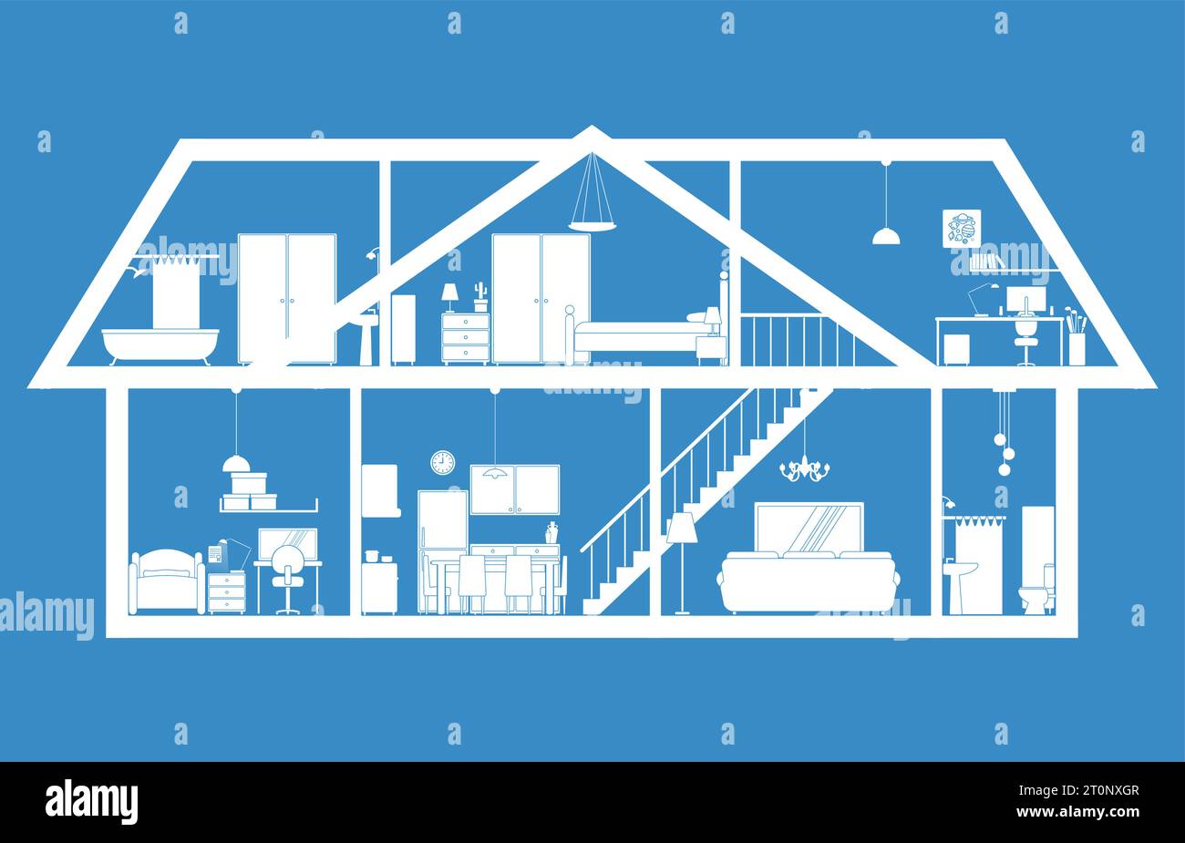 Blueprint of a a residence's lower level and attic in cross-sectional view Stock Vector