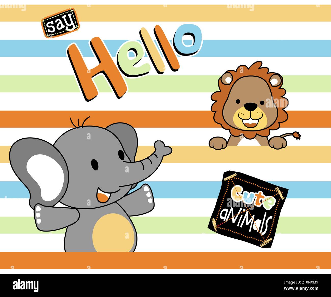 Vector cartoon of funny lion with elephant on colorful striped background Stock Vector