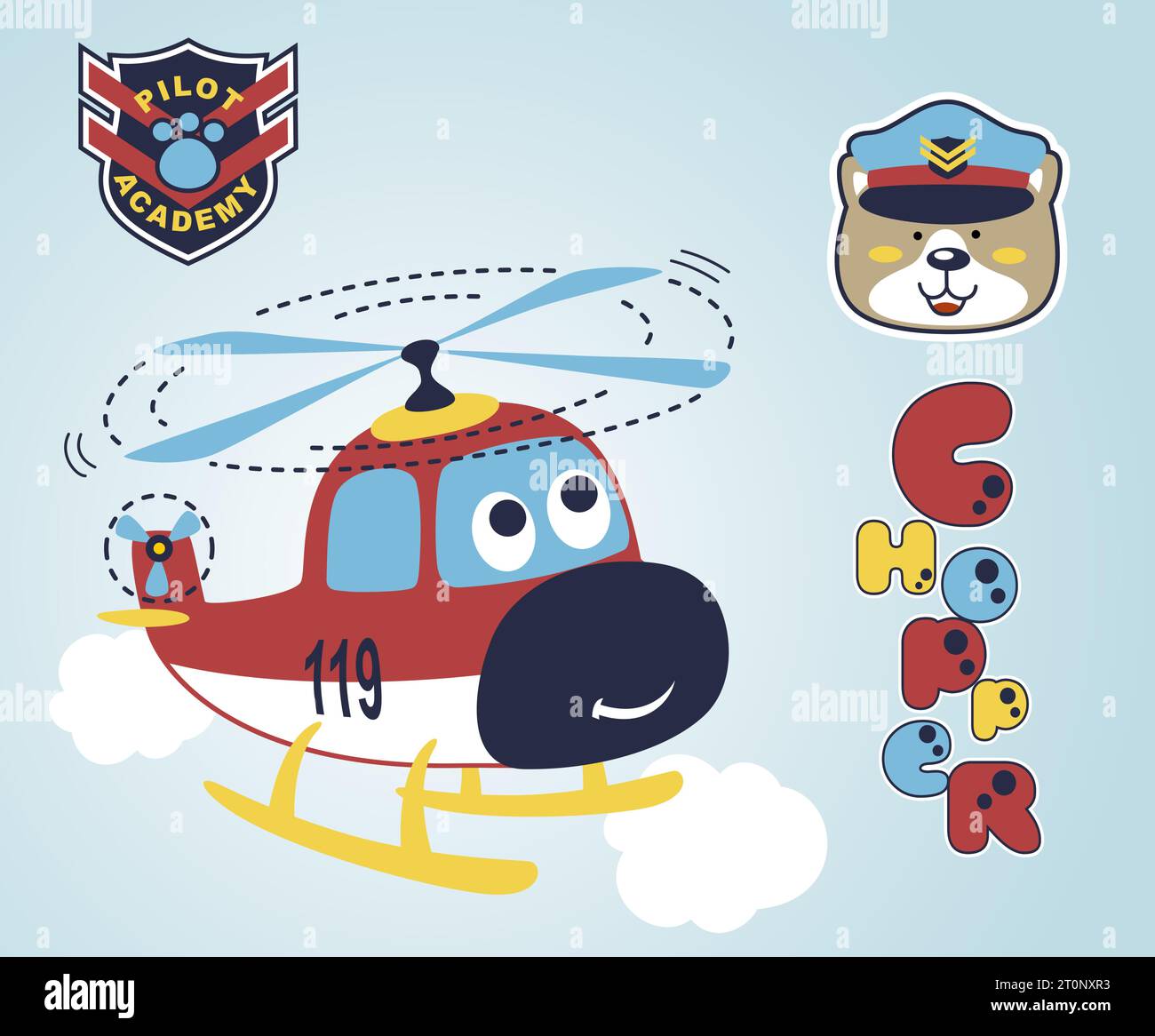 Funny helicopter cartoon with bear the pilot Stock Vector
