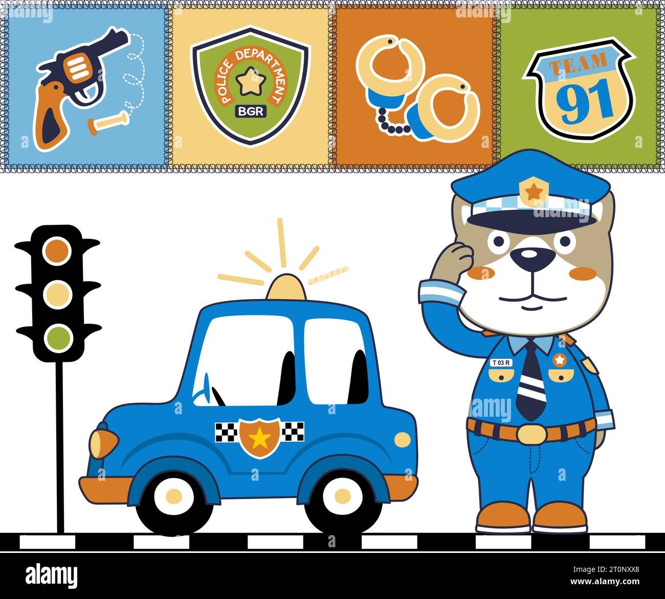 funny cat in policeman uniform with police element, cartoon vector illustration Stock Vector