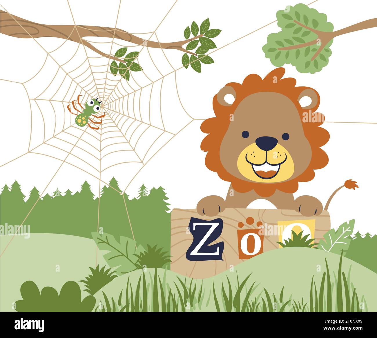 Cute lion with spider in the zoo, vector cartoon illustration Stock Vector