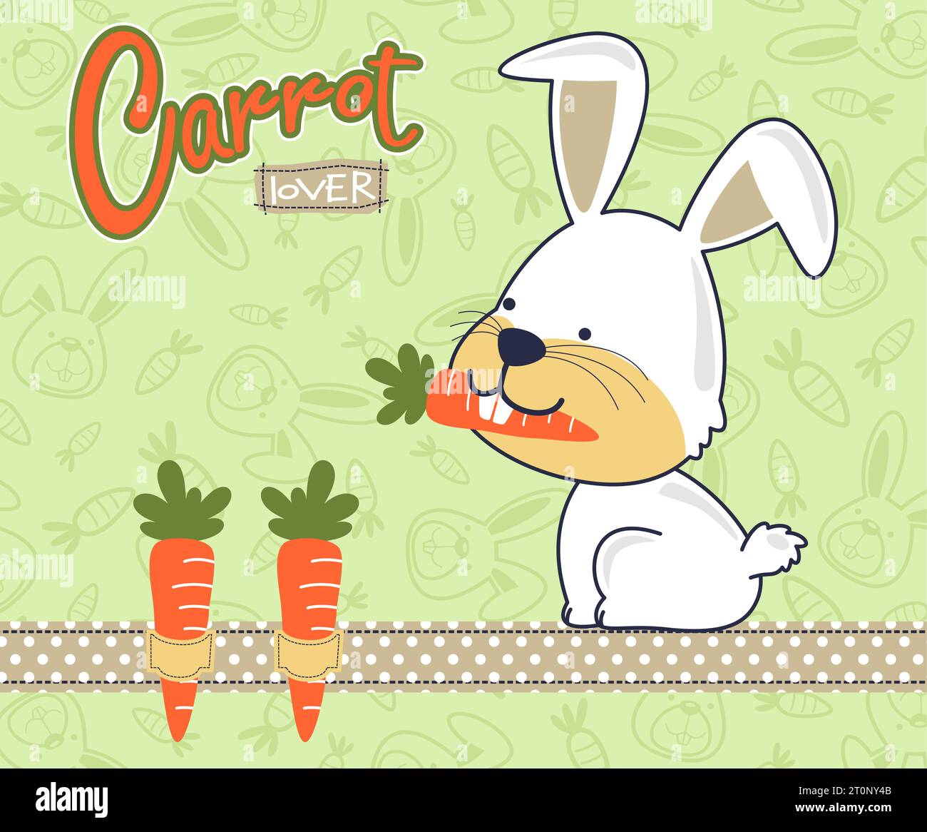 Funny bunny eating carrot, carrots and bunny head background pattern, cartoon vector Stock Vector