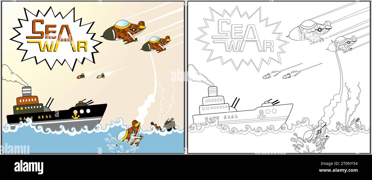 War in the sea, coloring page or book, vector cartoon illustration Stock Vector