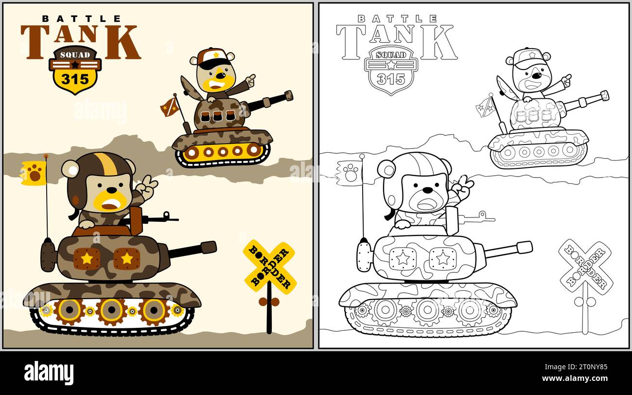 Funny bear on armored vehicle, coloring page or book, vector cartoon illustration Stock Vector