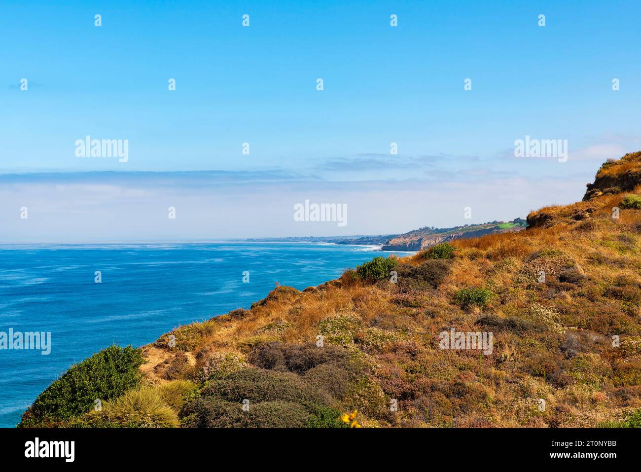 A view of the Pacific Ocean, the hillside, and the cliffs of La Jolla (San Diego), California, USA, looking north to Torrey Pines and beyond Stock Photo