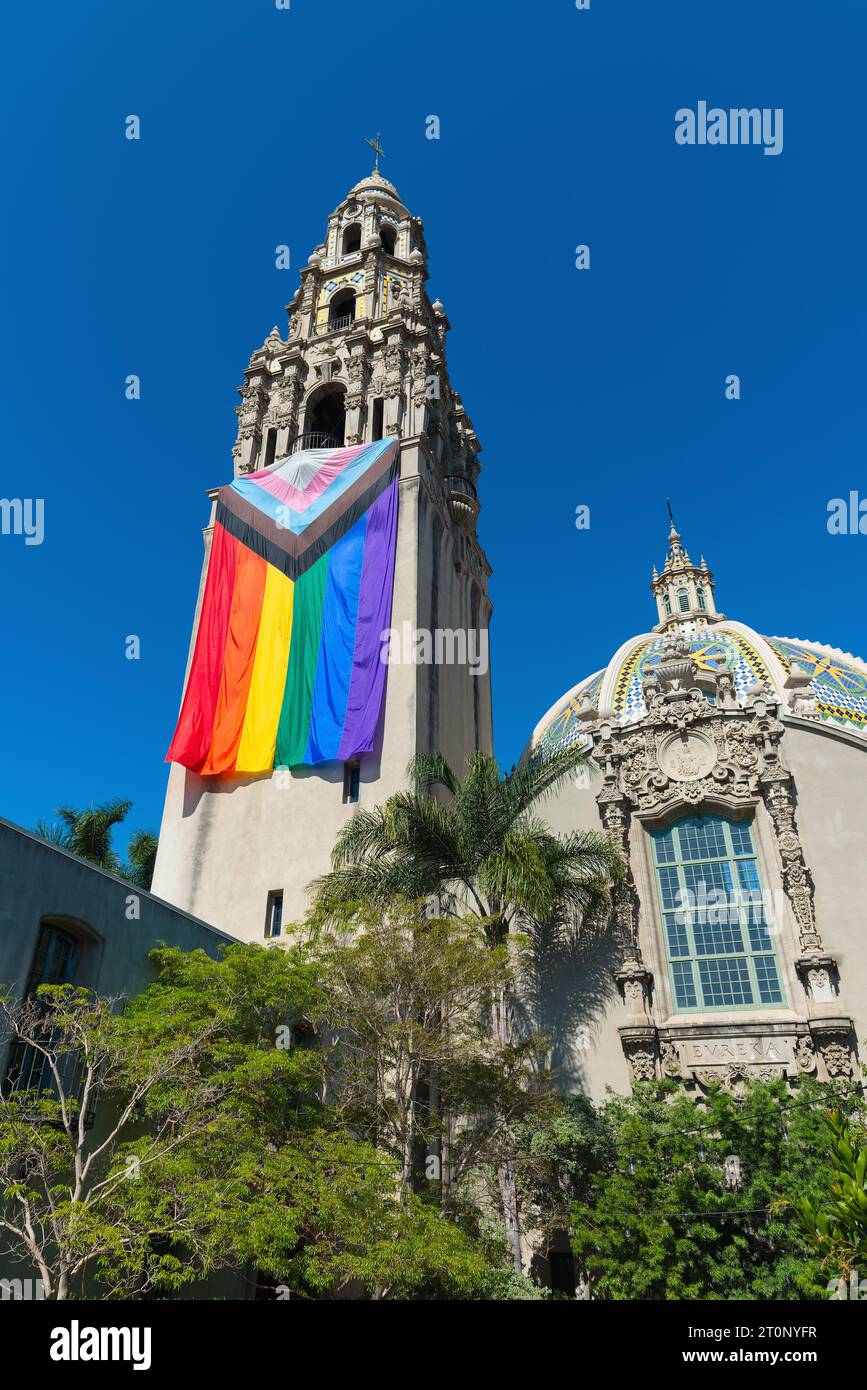 The historic California Tower displays a large Progress Pride Flag