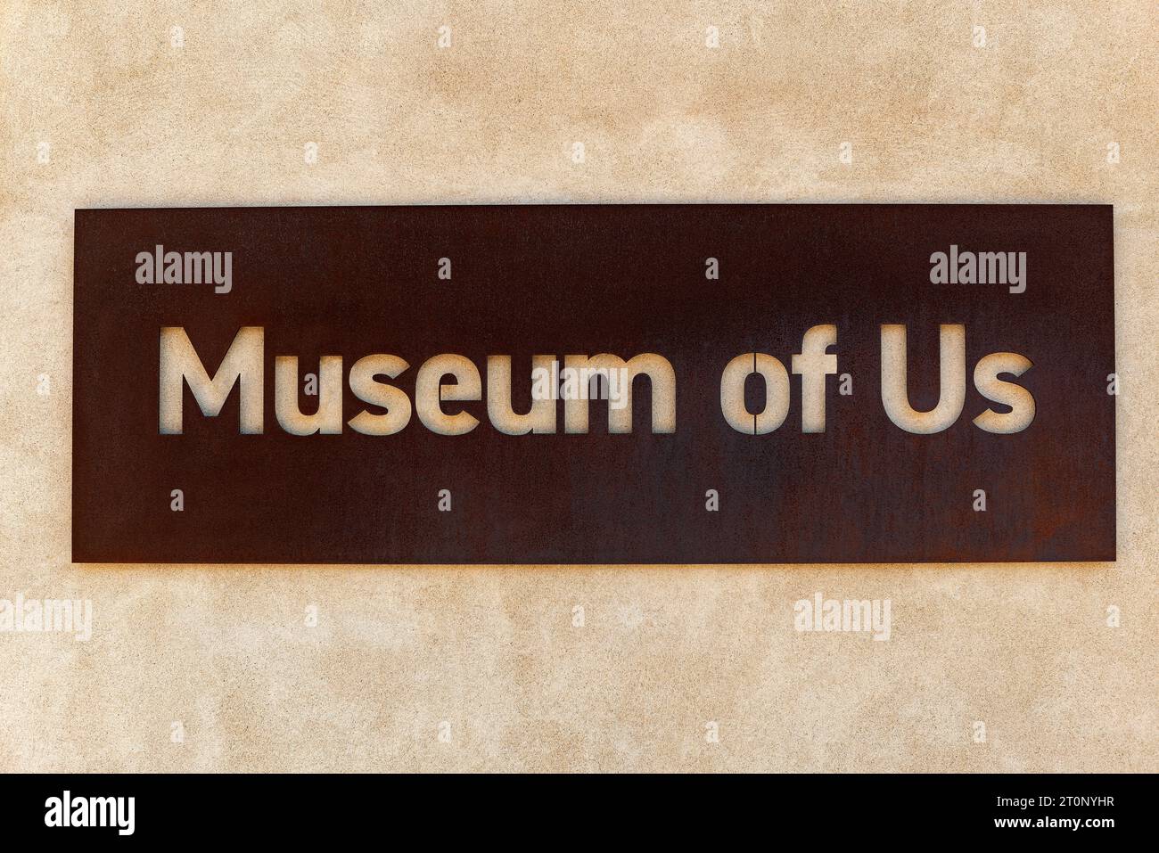 The building marker for Balboa Park's Museum of Us; formally known as the Museum of Man. Stock Photo