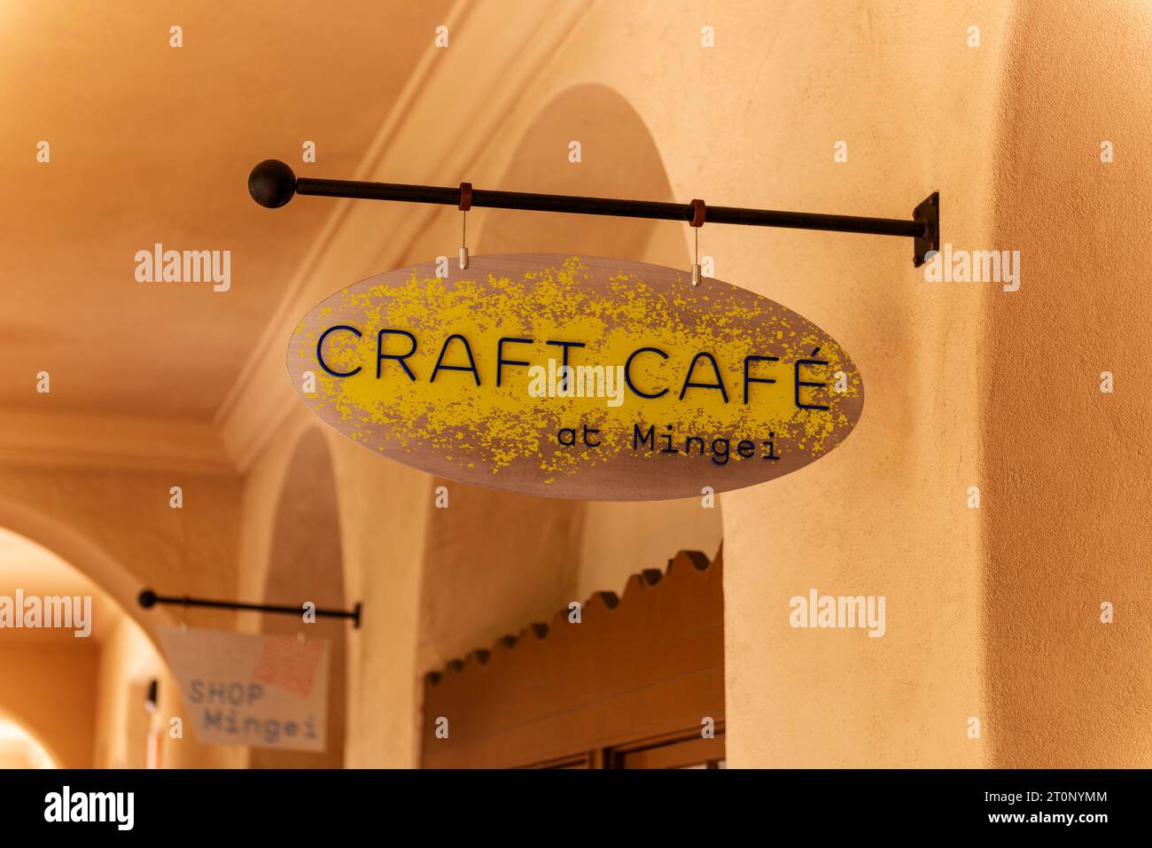 The hanging sign for Craft Café at the Mingei International Museum in San Diego, California’s Balboa Park Stock Photo
