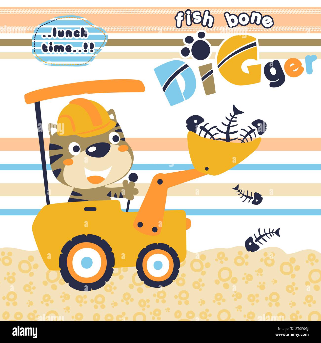 Funny cat driving construction vehicle then collect fish bone, vector cartoon illustration Stock Vector