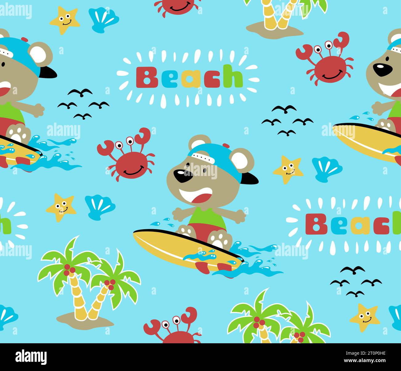 vector seamless pattern of cartoon bear in surfing with beach elements Stock Vector