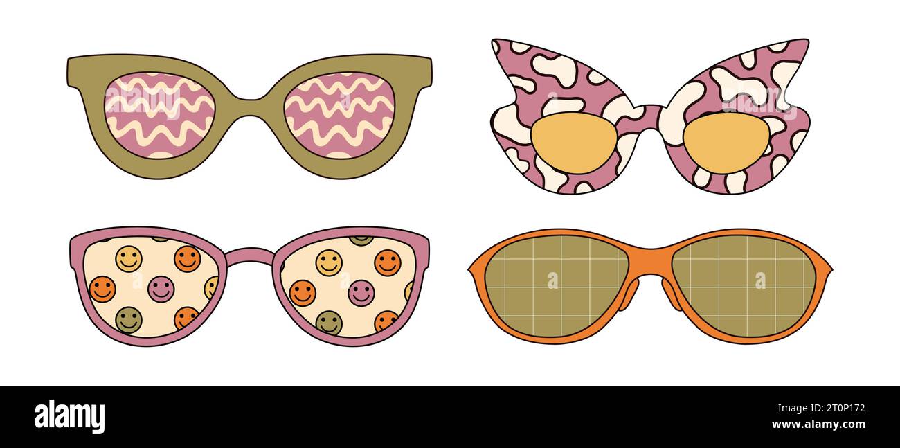 Set of groovy sunglasses with psychedelic prints and vintage colors ...
