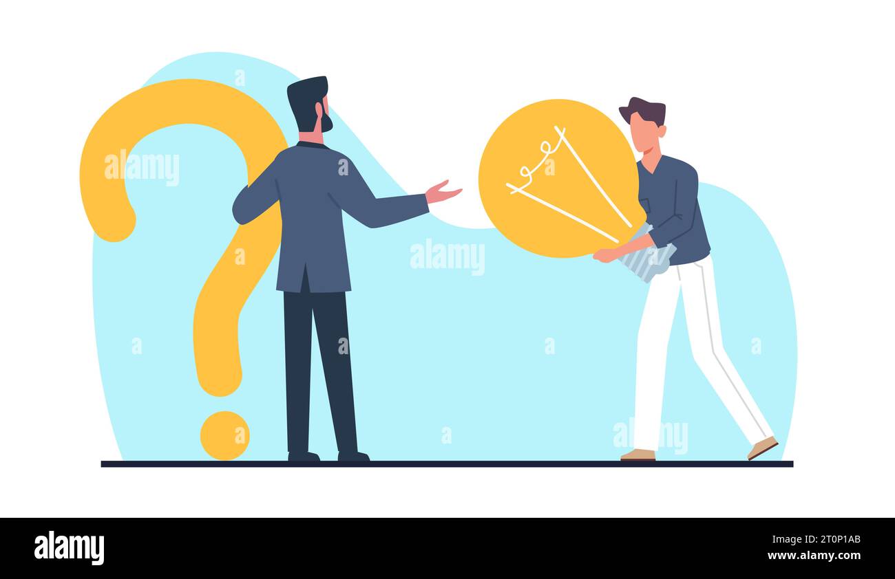 Asking question and getting answer, solving problem and finding solution. Man hold huge light blub. FAQ service. Businessman ask for reply or idea Stock Vector