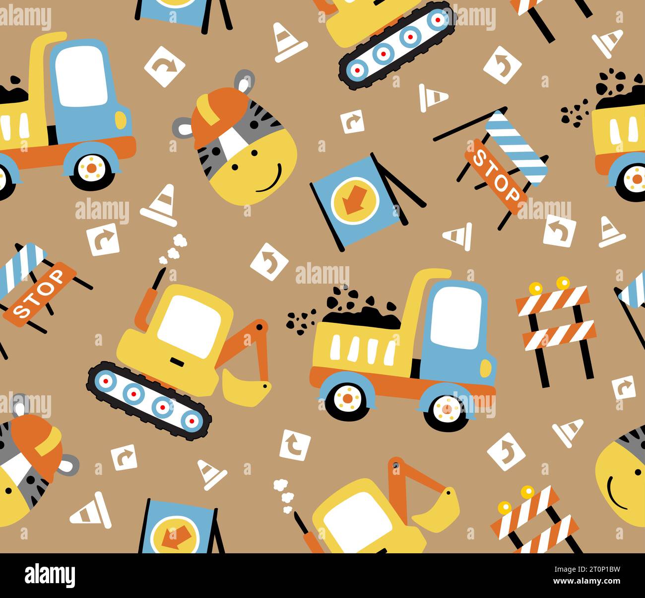 seamless pattern cartoon of construction vehicles with construction elements and funny zebra Stock Vector