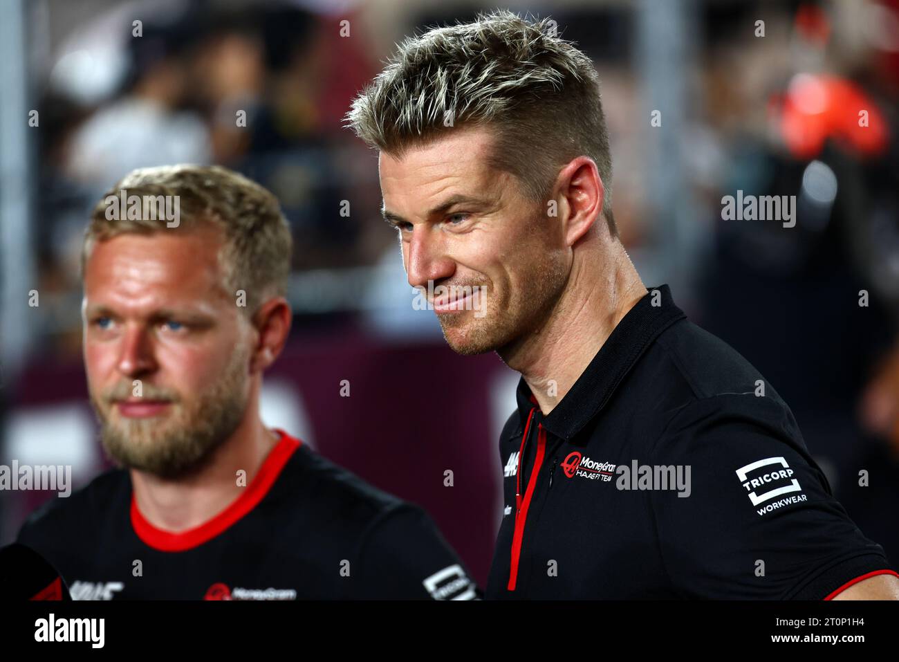 Doha, Qatar. 08th Oct, 2023. Nico Hulkenberg (GER) Haas F1 Team and Kevin Magnussen (DEN) Haas F1 Team on the drivers' parade. Formula 1 World Championship, Rd 18, Qatar Grand Prix, Sunday 8th October 2023. Doha, Qatar. Credit: James Moy/Alamy Live News Stock Photo