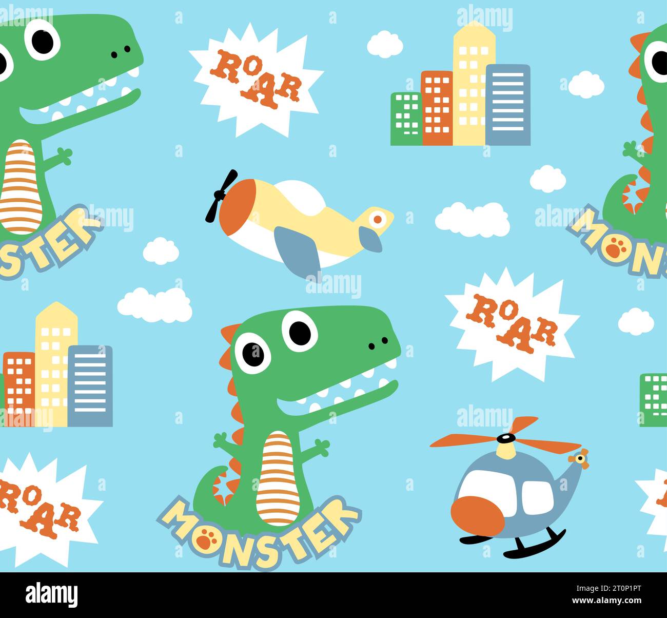 seamless pattern vector of cartoon monster with aircraft and buildings Stock Vector