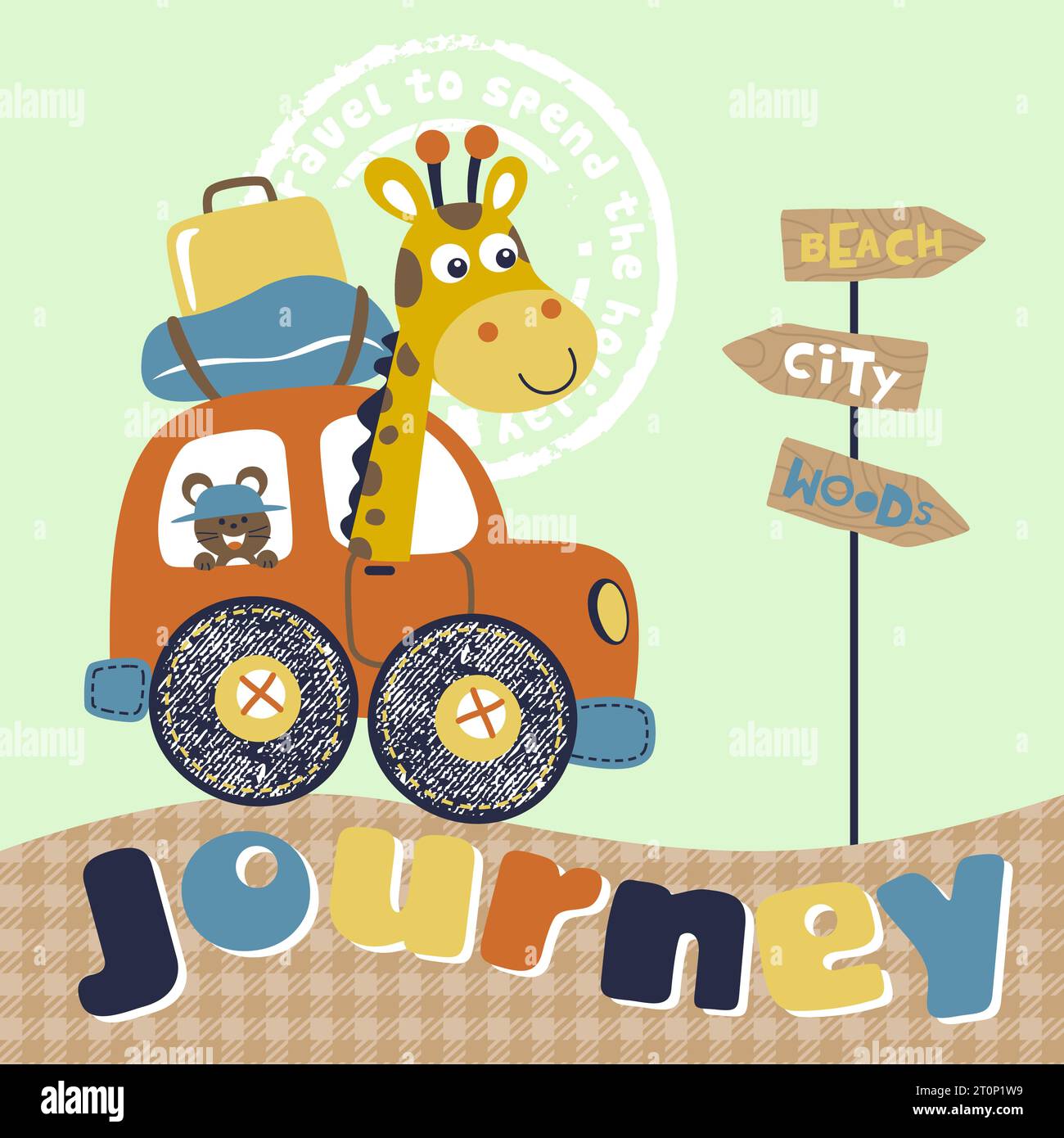 Vector cartoon illustration of funny giraffe with mouse on car Stock