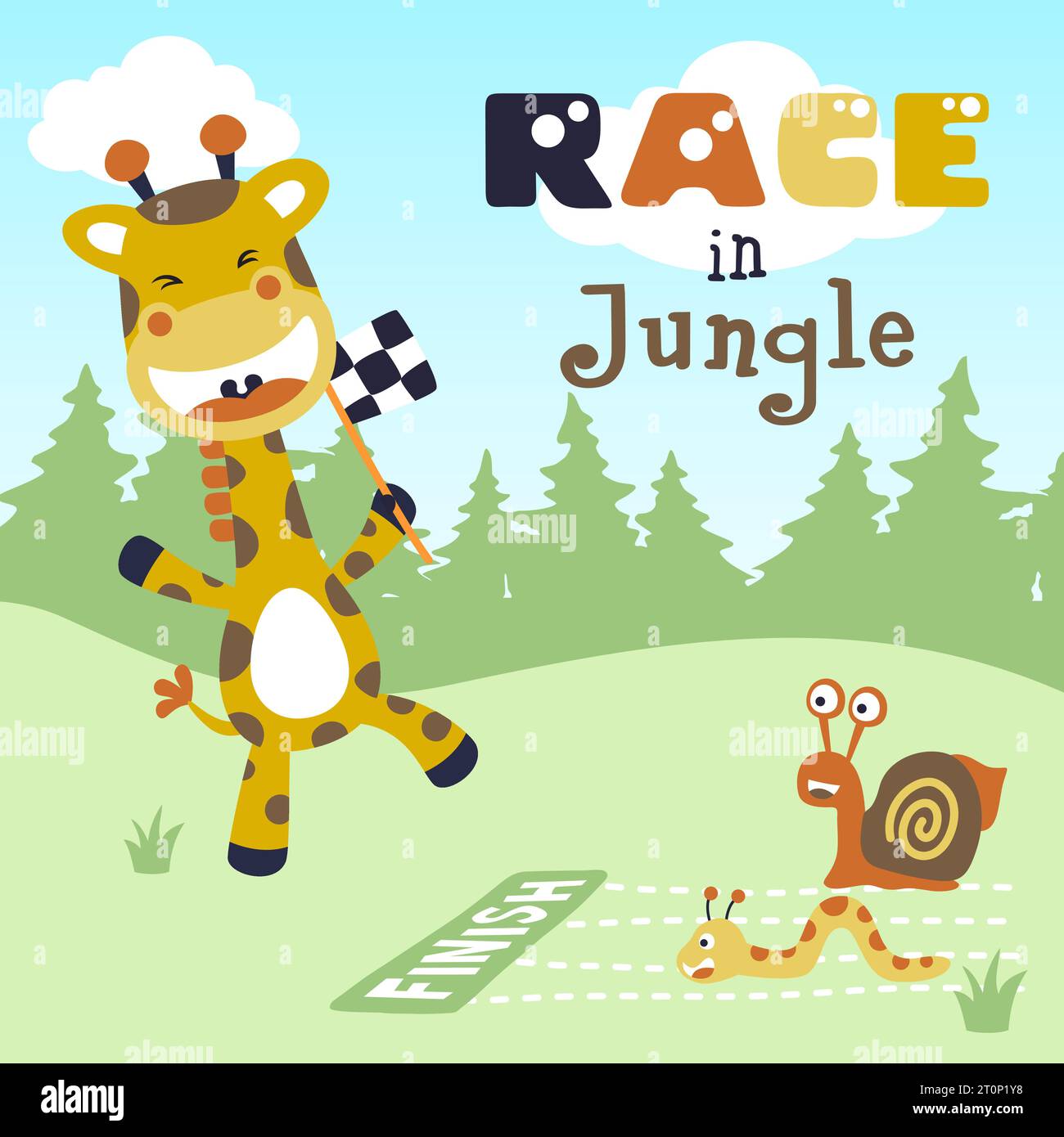 giraffe with caterpillar and snail in a funny run race, vector cartoon