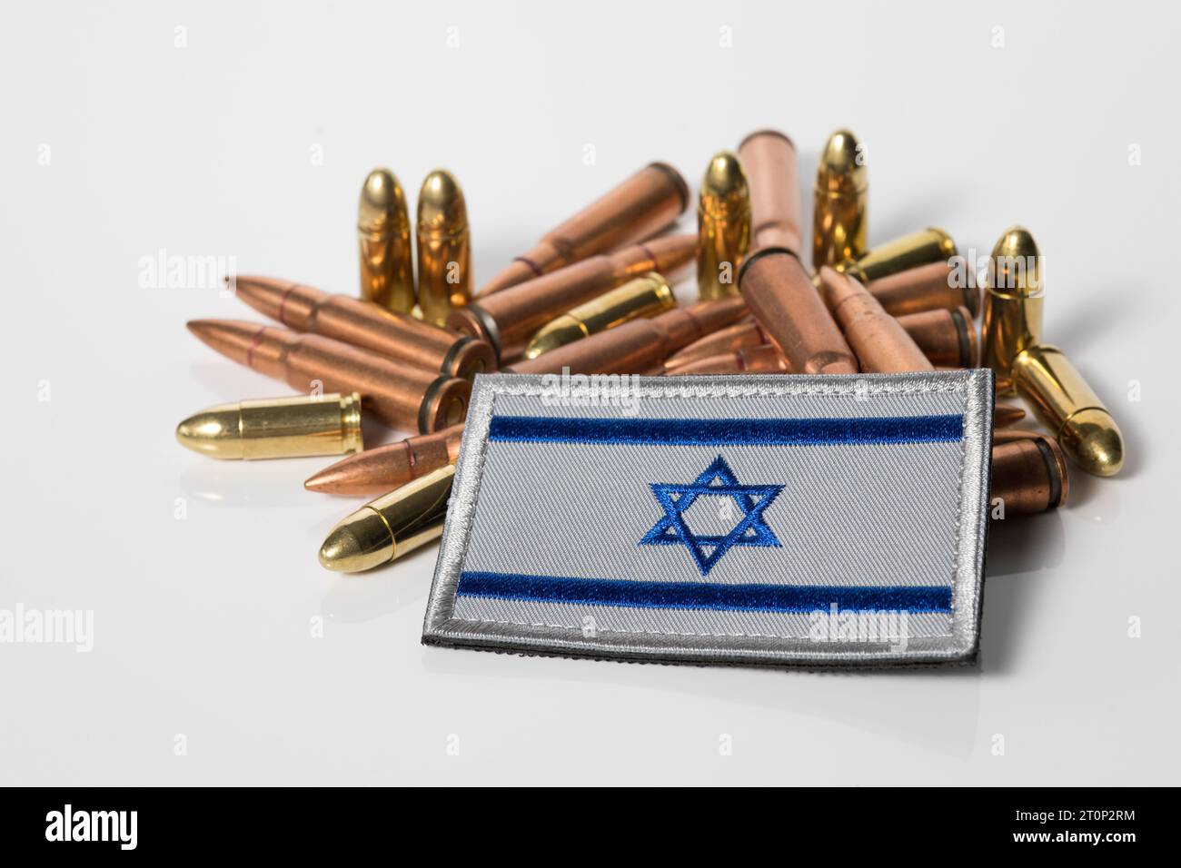 Israel flag with weapon ammunition. War between Israel and Palestine