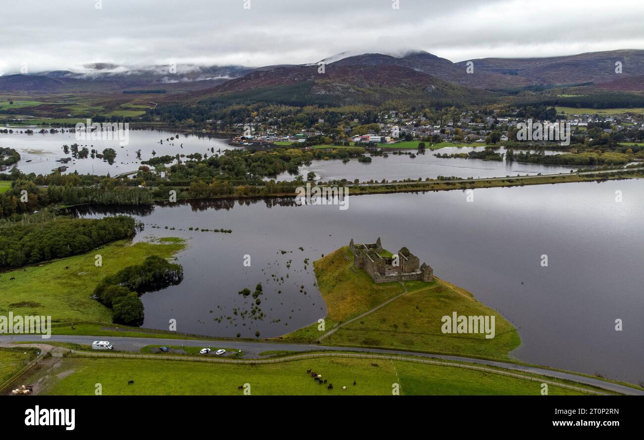 Flood water from the River Spey surrounds the ruins of Ruthven Barracks