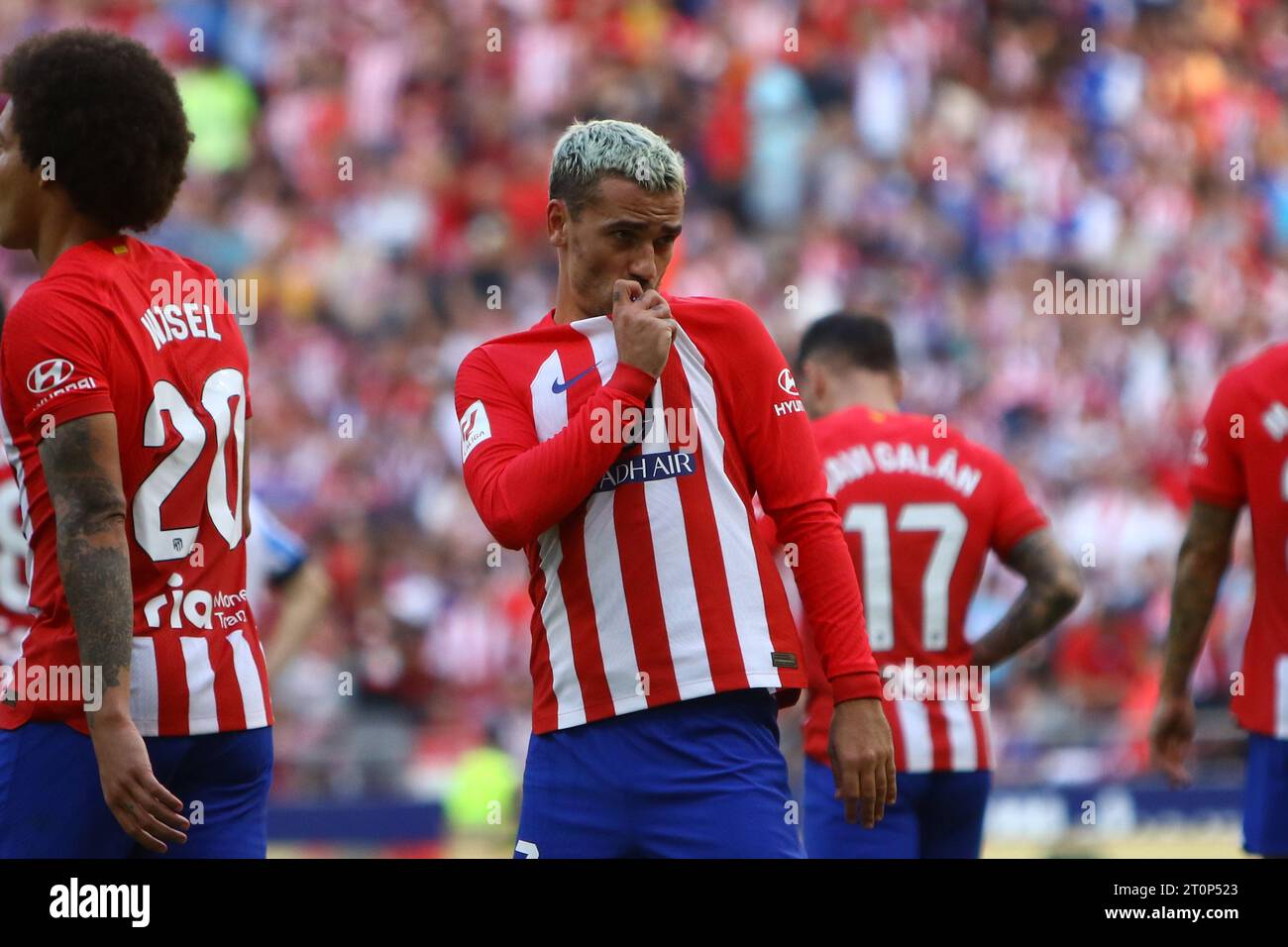 Madrid, Spain. 08th Oct, 2023. Atletico´s Griezmann celebrates with fans during La Liga EA Sports Match Day 9 between Atletico de Madrid and Real Sociedad at Civitas Metropolitano Stadium in Madrid, Spain, on October 8, 2023. Credit: Edward F. Peters/Alamy Live News Stock Photo