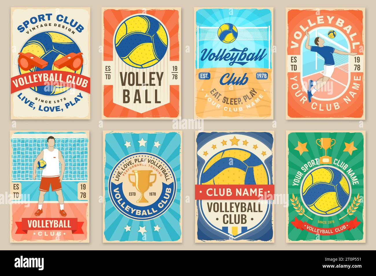 Set of Volleyball club retro poster, banner design. Vector illustration. For college league sport club emblem, sign, logo. Vintage retro poster Stock Vector
