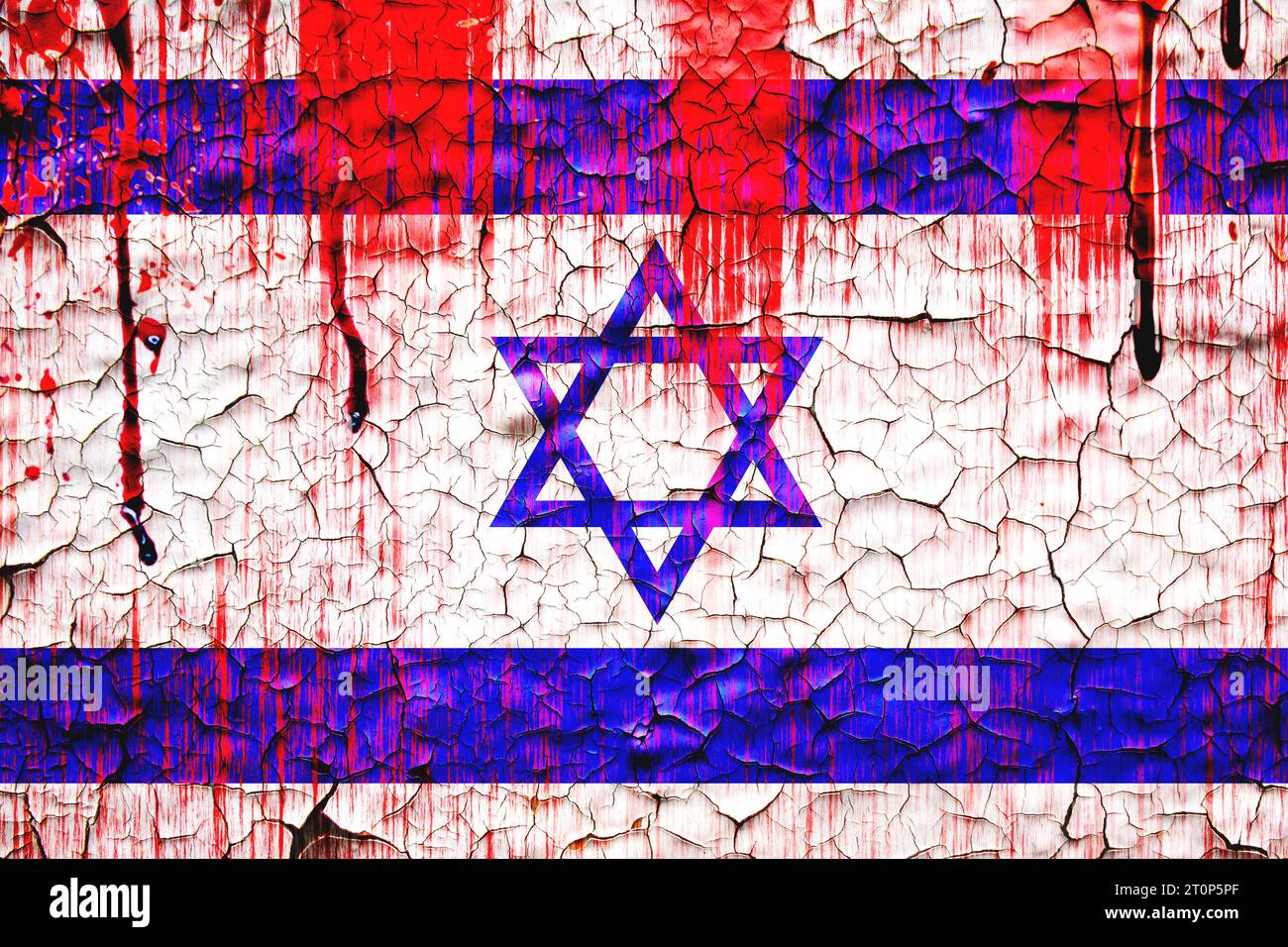 Israel flag painted over cracked concrete wall.blood effect on Israel flag. hamas israel conflict concept. Stock Photo