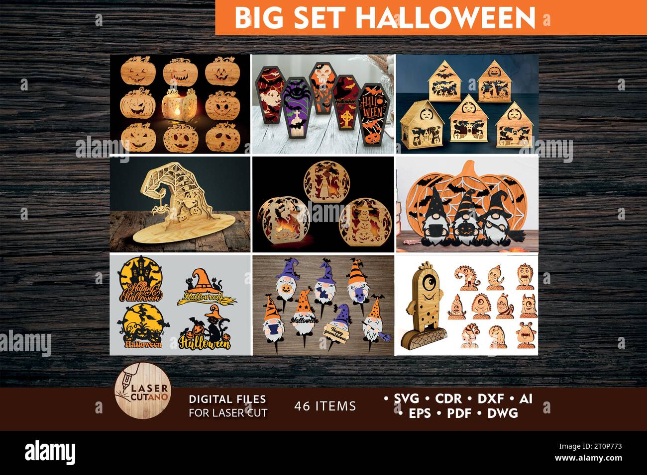 HALLOWEEN Set It is a Bundle of laser cut files, which are digital files that are used to create designs or patterns using a laser cutter machine. Stock Vector
