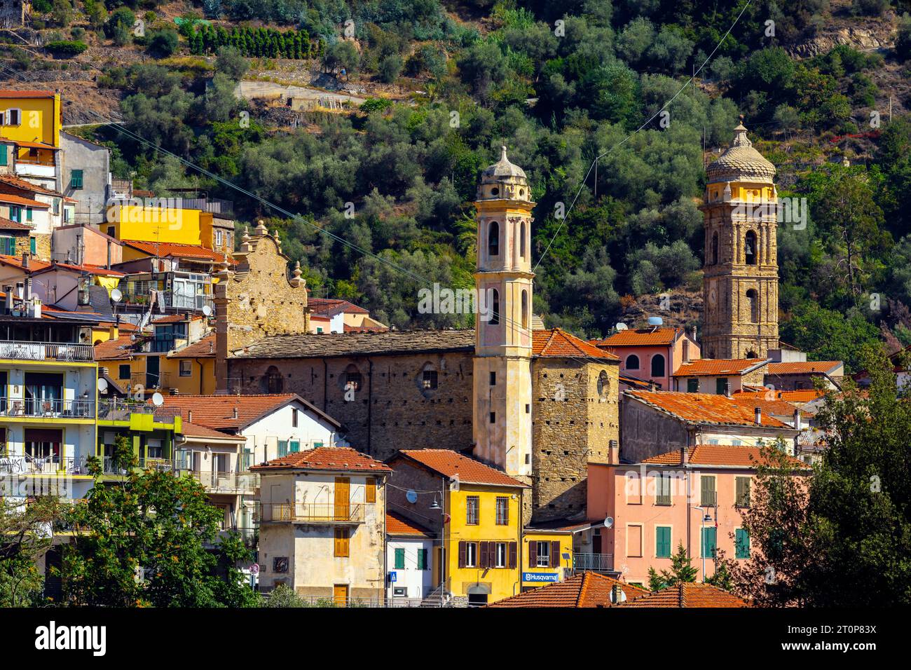 Panoramic view of small Ligurian town Badalucco located by Argentina river. Badalucco is a comune in province of Imperia in Liguria. region, Italy. Stock Photo