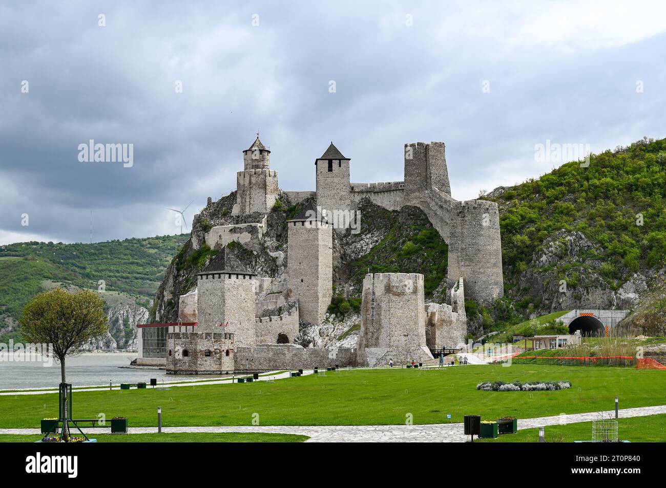 GOLUBAC, SERBIA - April 23, 2023: Golubac Fortress - medieval fortified town on the south side of the Danube River, Serbia Stock Photo