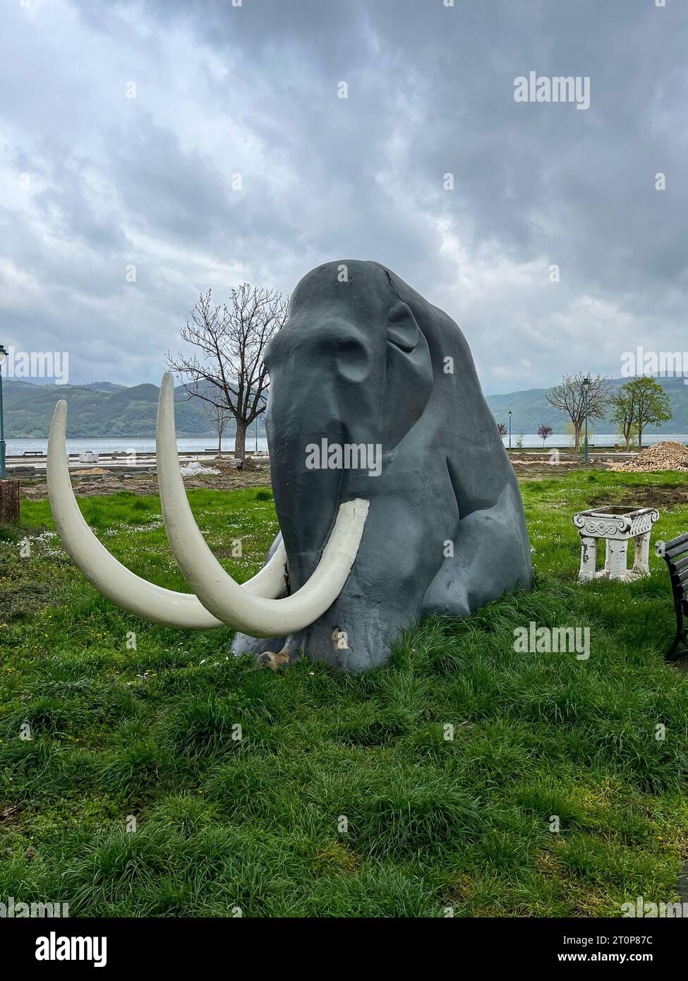 Serbia, Donji Milanovac, April 18, 2023: Monument to the mammoth on the banks of the Danube.  Stock Photo
