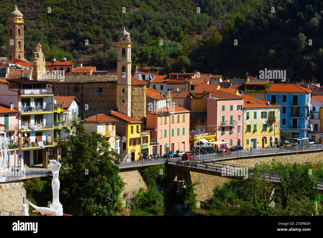 Elevated panoramic view of small Ligurian town Badalucco located by Argentina river. Badalucco is a comune in province of Imperia in Liguria. Italy. Stock Photo