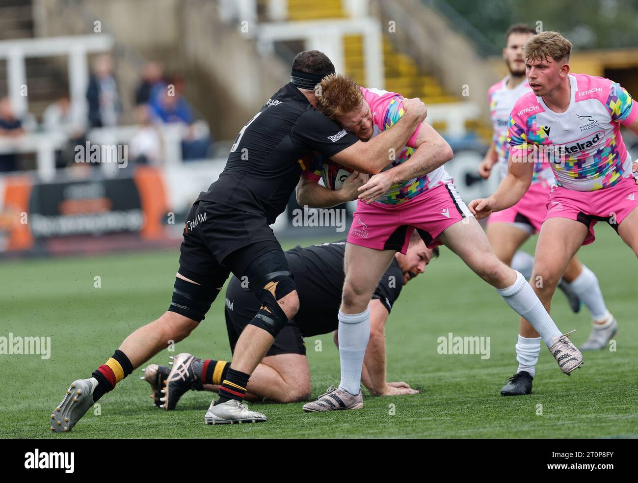 Newcastle, UK. 11th June, 2023. Zach Kerr of Newcastle Falcons is tackled by JJ Dickinson of Caldy during the Premiership Cup match between Newcastle Falcons and Caldy at Kingston Park, Newcastle on Sunday 8th October 2023. (Photo: Chris Lishman | MI News) Credit: MI News & Sport /Alamy Live News Stock Photo
