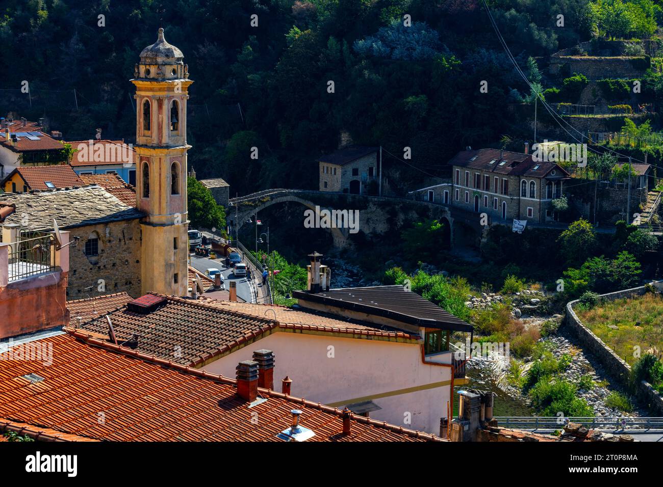 Elevated panoramic view of small Ligurian town Badalucco located by Argentina river. Badalucco is a comune in province of Imperia in Liguria. Italy. Stock Photo