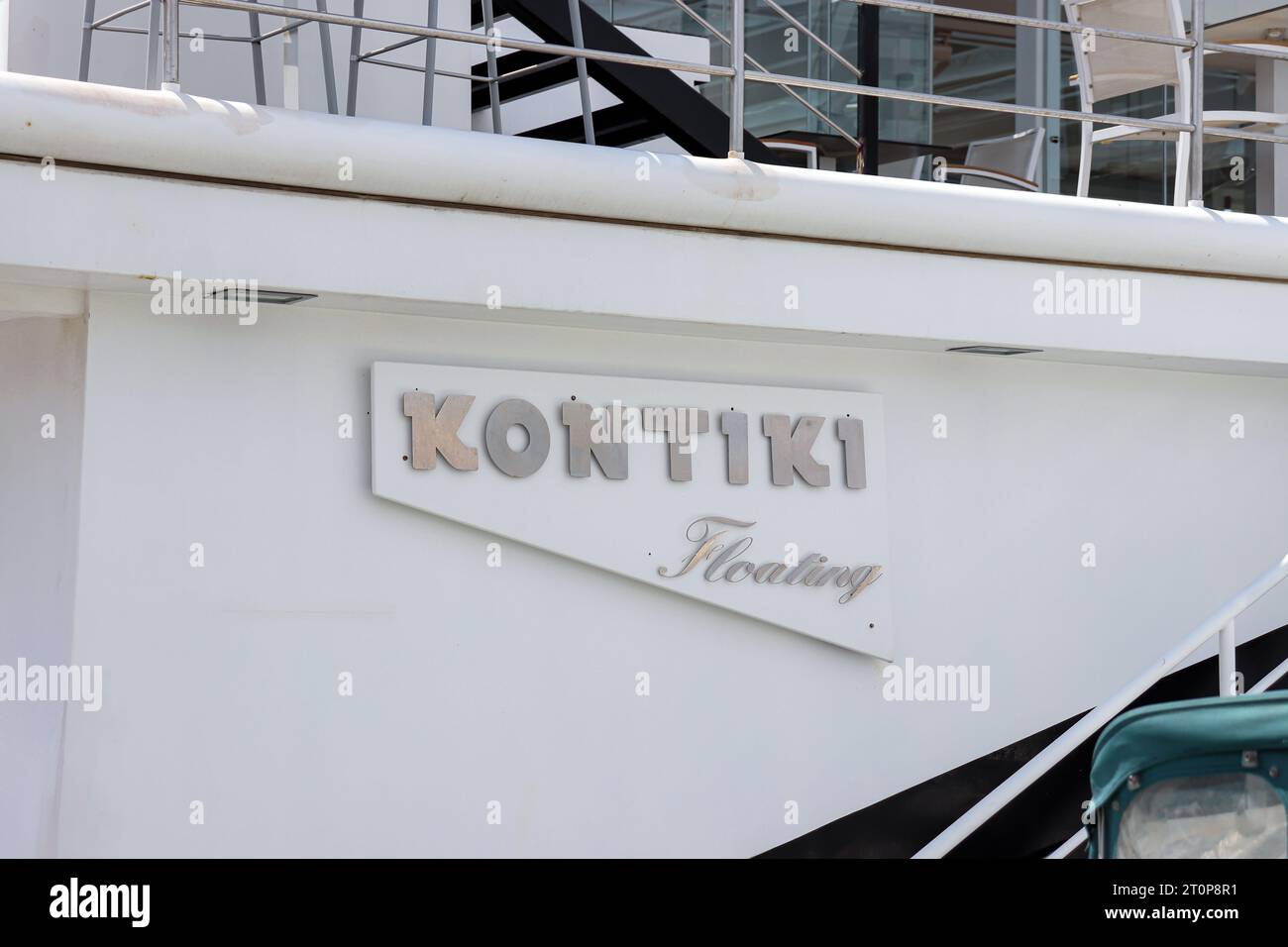 Closeup of KON-TIKI Floating logo sign on the unique floating restaurant located at Mandraki Harbour Stock Photo