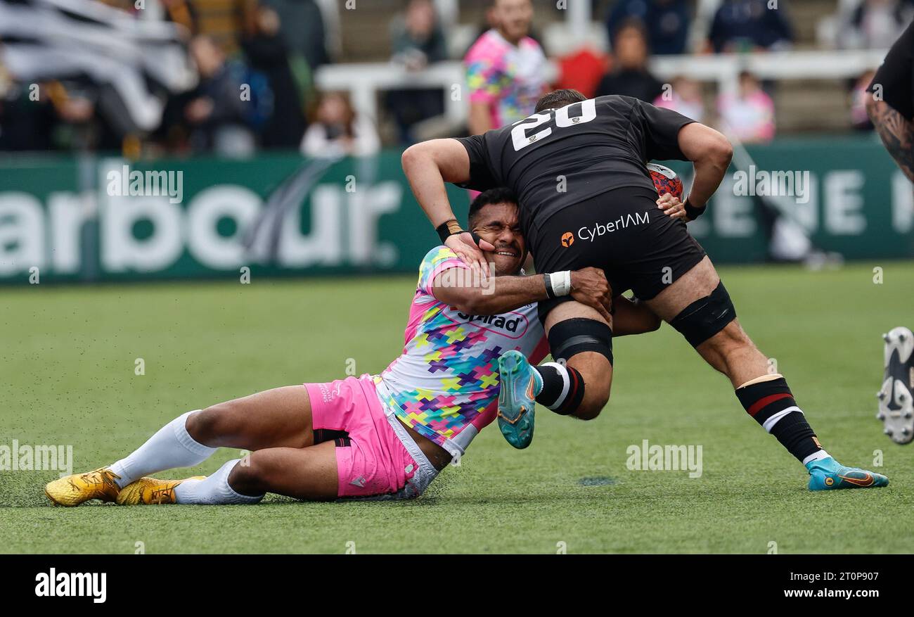 Newcastle, UK. 11th June, 2023. George Wacokecoke of Newcastle Falcons tackles Luke Cox of Caldy during the Premiership Cup match between Newcastle Falcons and Caldy at Kingston Park, Newcastle on Sunday 8th October 2023. (Photo: Chris Lishman | MI News) Credit: MI News & Sport /Alamy Live News Stock Photo