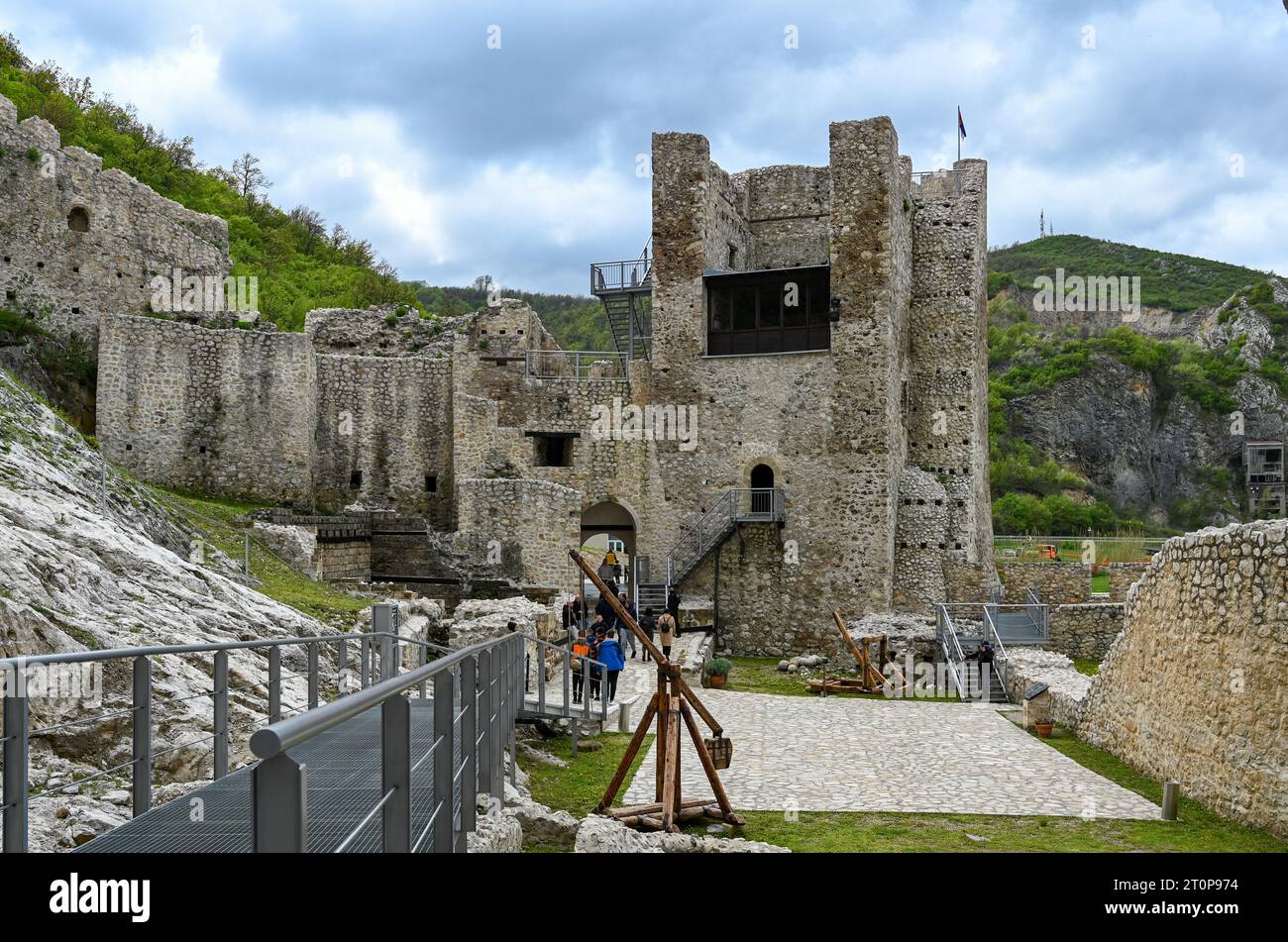 GOLUBAC, SERBIA - April 23, 2023: Golubac Fortress - medieval fortified town on the south side of the Danube River, Serbia Stock Photo