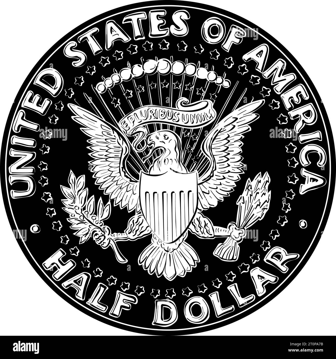 Black and white United States coin Half dollar with Presidential Seal on reverse Stock Vector