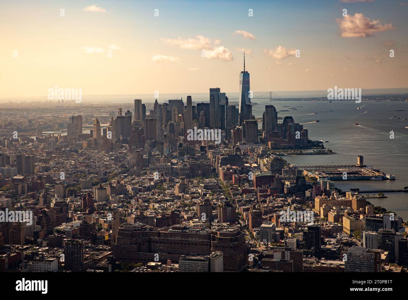 LOWER MANHATTAN, NEW YORK, USA - SEPTEMBER 16, 2023.  A landscape view of Lower Manhattan and the financial district overlooking the ocean from The Ed Stock Photo