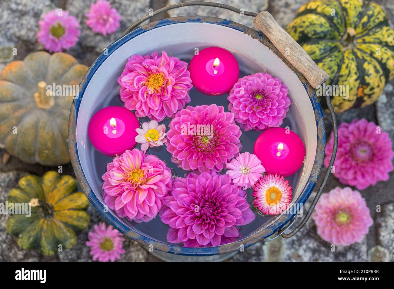 romantic arrangement with floating candles and pink dahlia flowers in vintage bucket Stock Photo