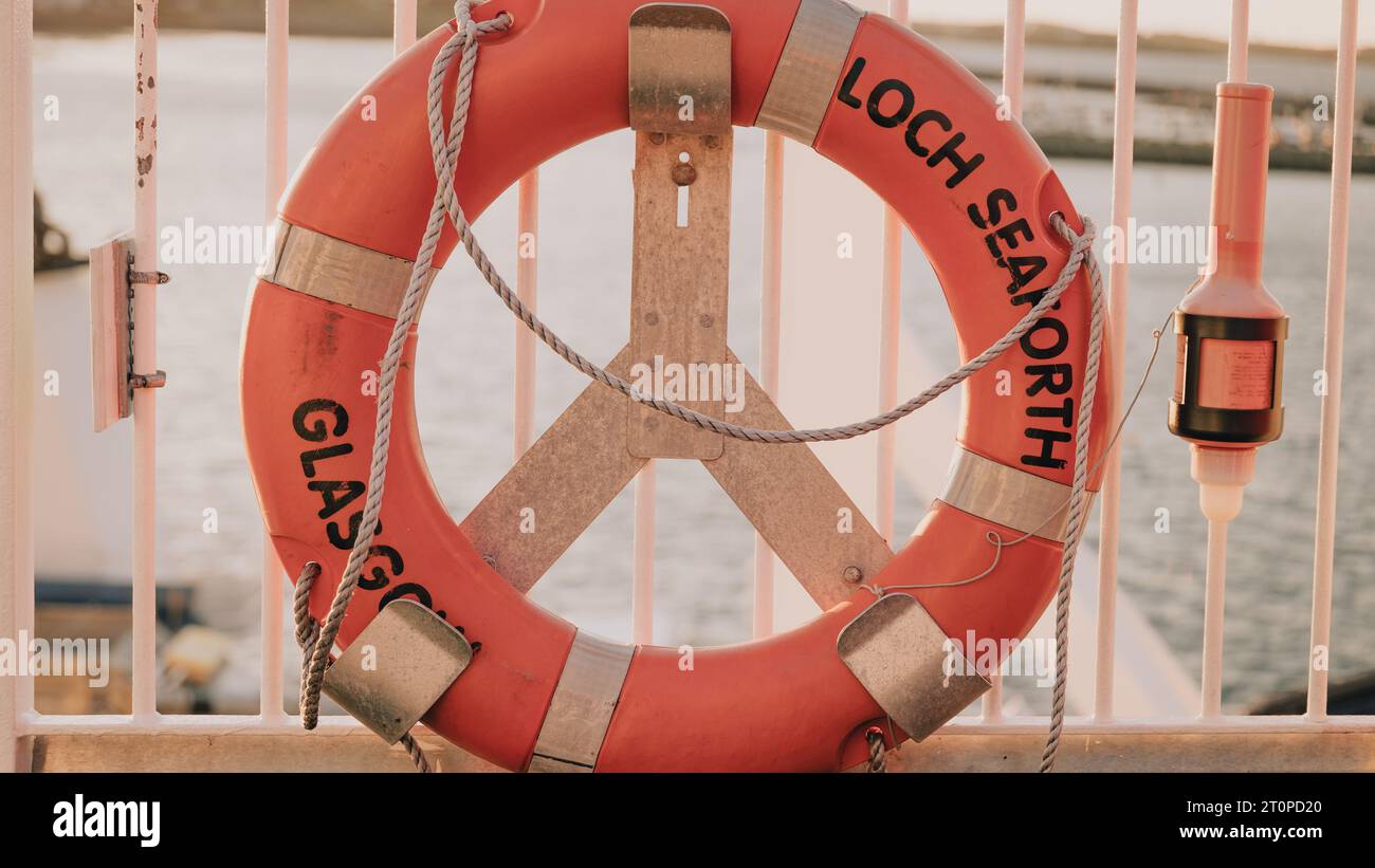 MV Loch Seaforth a CalMac ferry between Ullapool and Stornoway in Outer Hebrides of Scotland. Life ring safety device. Stock Photo