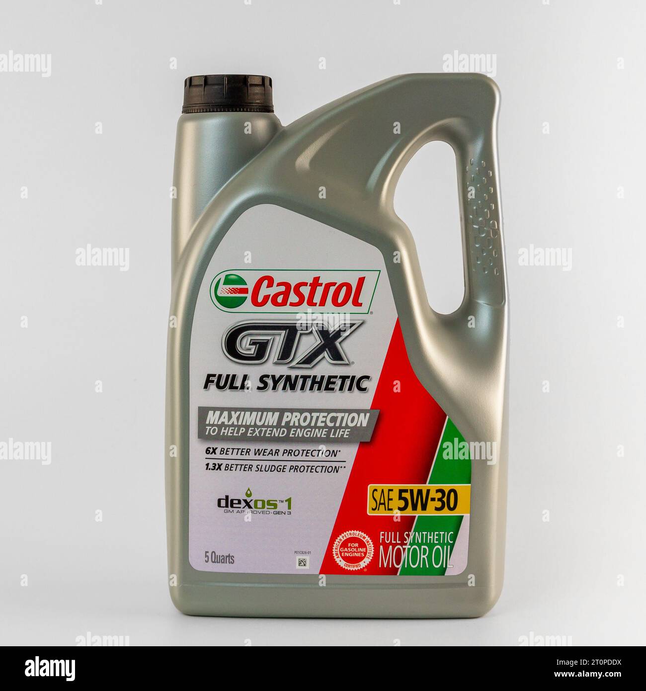 ST. PAUL, MN, USA - SEPTEMBER 13, 2023: Castrol GTX Synthetic motor oil container and trademark logo. Stock Photo