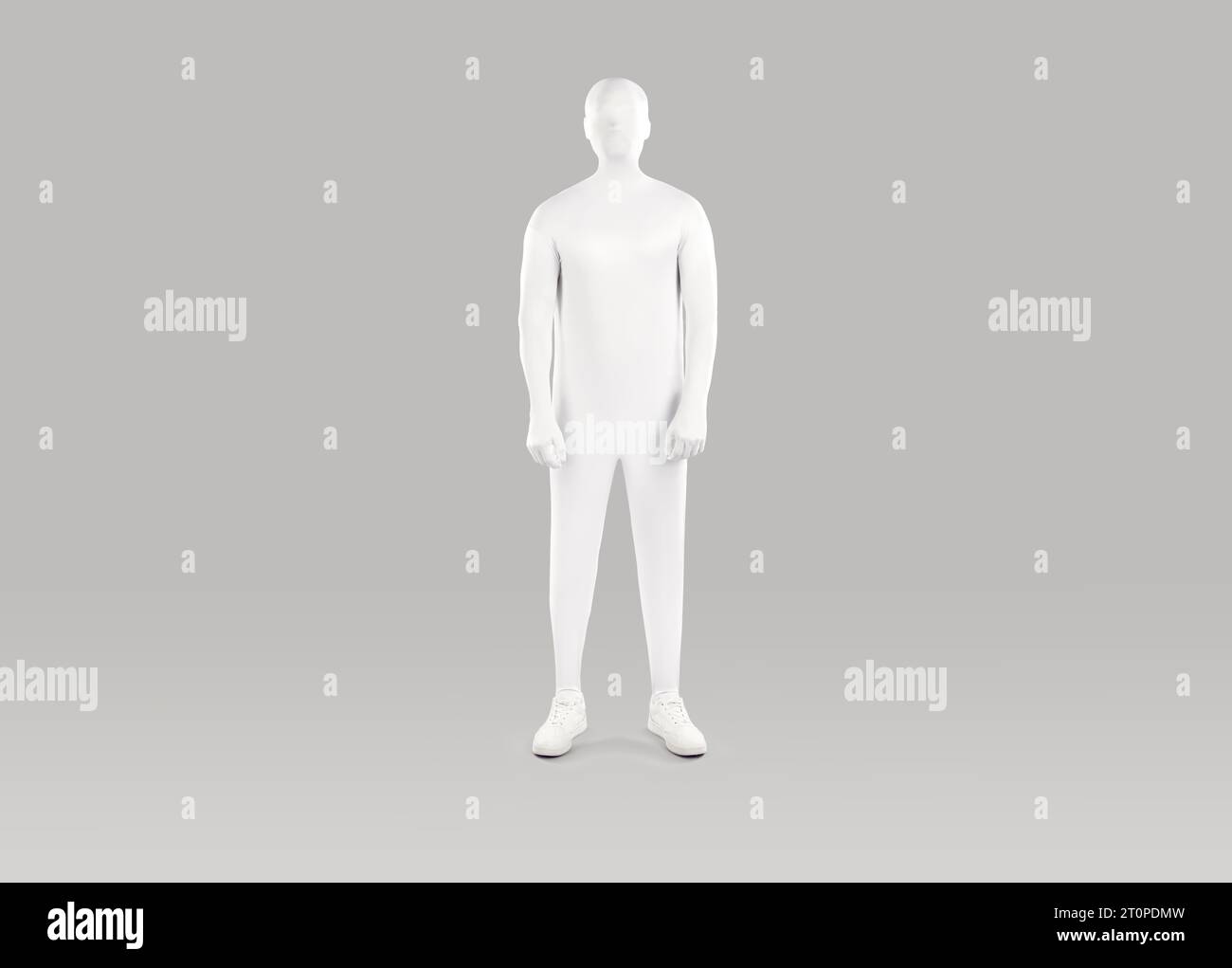 Portrait of a man wearing a white spandex bodysuit standing on a gray studio background Stock Photo