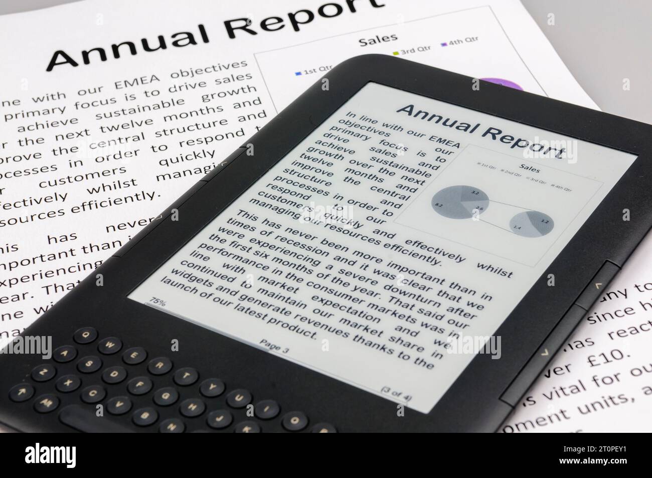 E-reader showing a company annual report with a printed copy Stock Photo
