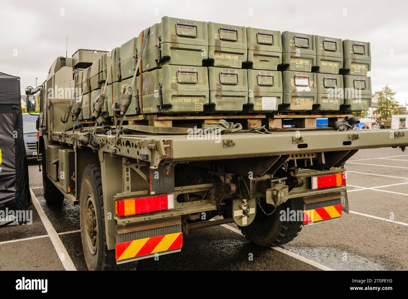 Boxes (inert) for anti-tank missiles on back of a flat-bed lorry. Stock Photo
