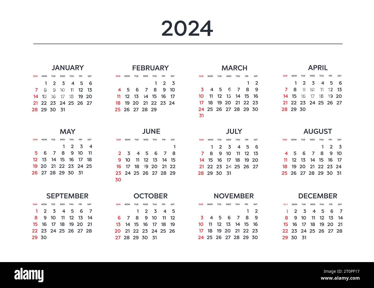 Calendar 2024 year. Black and white vector template. Week starts on ...
